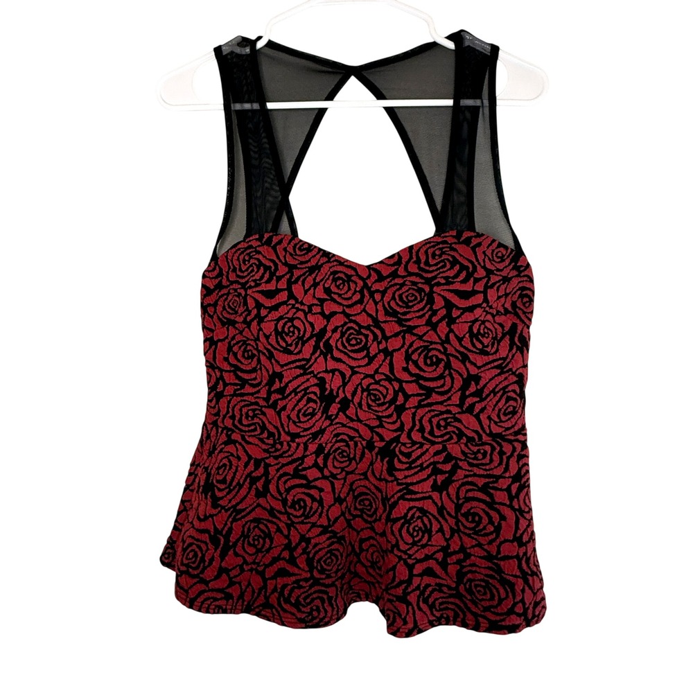 Love Culture Red Black Rose Jacquard Mesh Peplum Top Gothic Romantic Glam Goth
